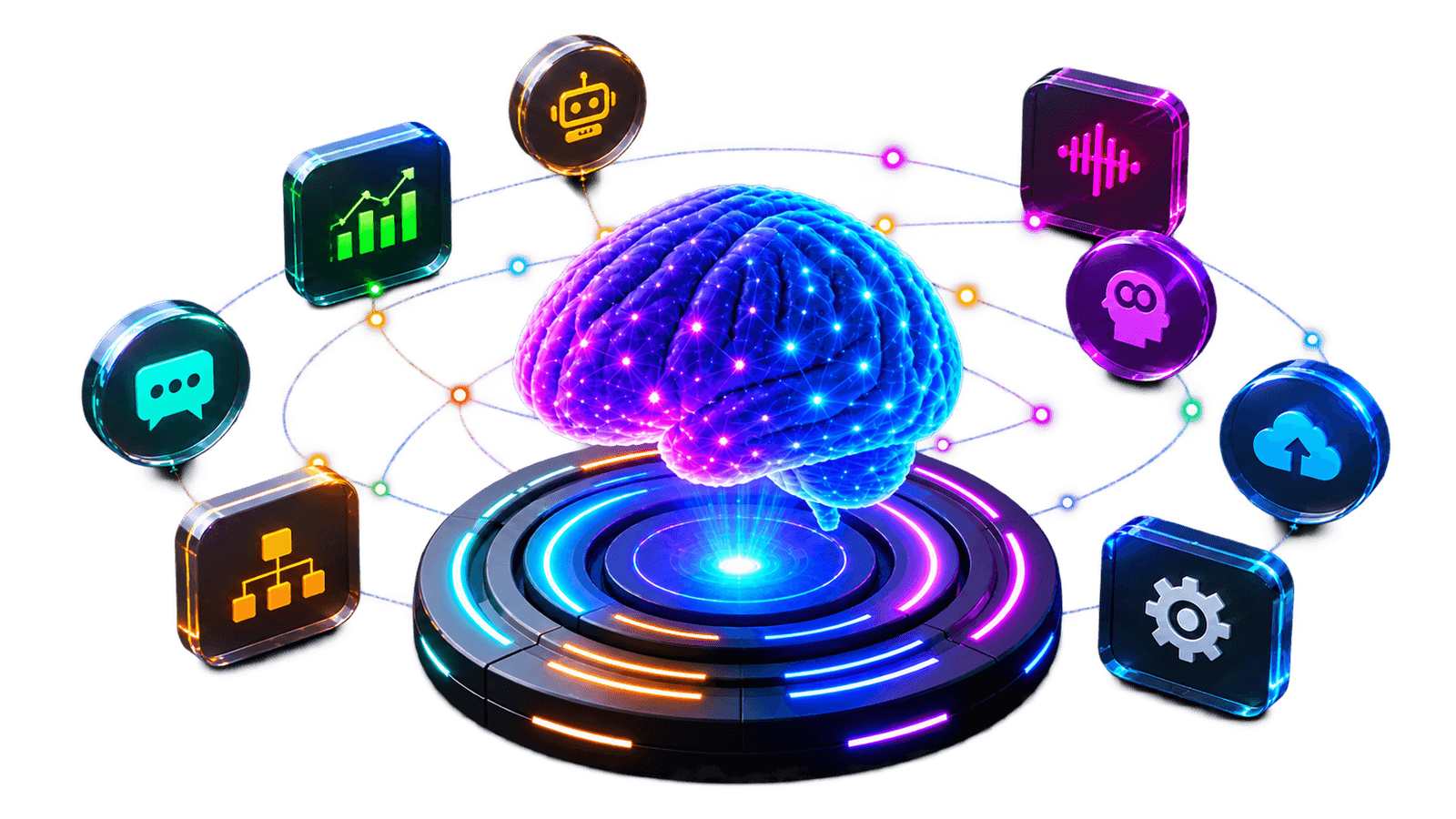 A neural brain on a lit plinth, surrounded by icons for chat, analytics, automation, voice and cloud
